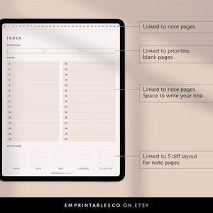 May include: A digital planner template on a tablet screen. The template includes an index with sections for priorities and notes, as well as a section for note pages with different layouts: lined, grid, dot, Cornell, and to-do list. The text "EM PRINTABLESCO ON ETSY" is at the bottom of the screen.