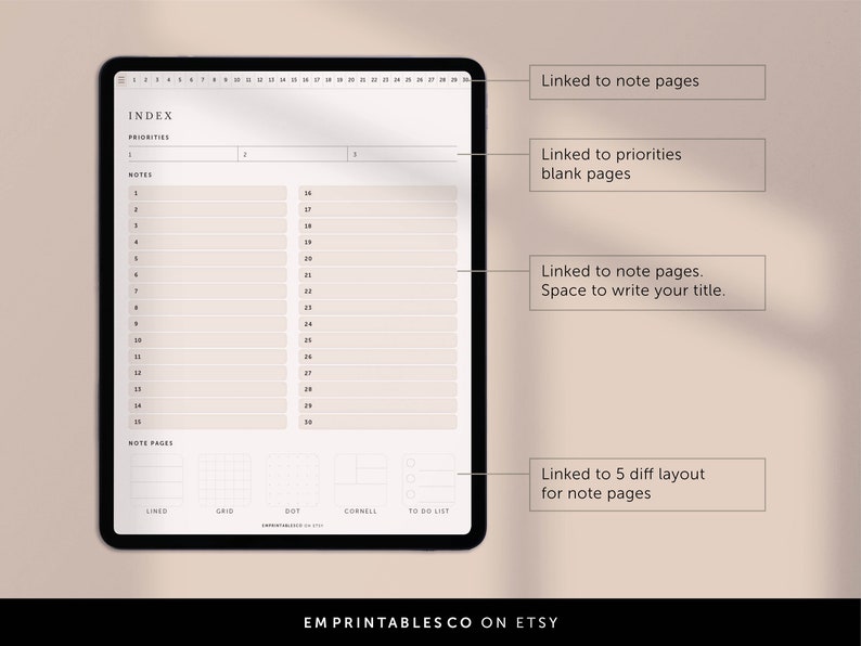 May include: A digital planner template on a tablet screen. The template includes an index with sections for priorities and notes, as well as a section for note pages with different layouts: lined, grid, dot, Cornell, and to-do list. The text "EM PRINTABLESCO ON ETSY" is at the bottom of the screen.