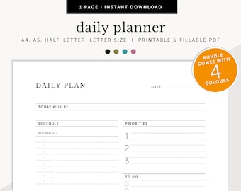 Minimalist Daily Planner, Daily To Do List, Printable Productivity Planner, Fillable Template, Planner Inserts, A4/A5/Letter/Half Size