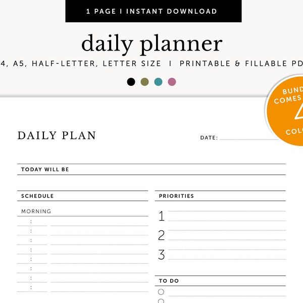 Minimalist Daily Planner, Daily To Do List, Printable Productivity Planner, Fillable Template, Planner Inserts, A4/A5/Letter/Half Size