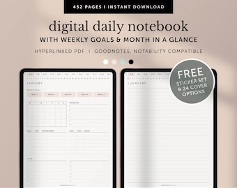 Digital Daily Notebook with Weekly Goal & Month In a Glance, Weekly Action Plan, Monthly Overview, Goodnotes, iPad, Hyperlinked PDF