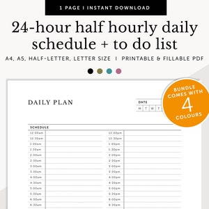Horario diario de media hora de 24 horas, Planificador diario de 24 horas, Lista diaria de tareas pendientes, Planificador de 24 horas, Rellenable e imprimible, A4/A5/Carta/Medio tamaño
