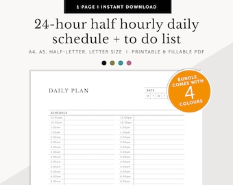 24 hour Half Hourly Daily Schedule, 24hr Daily Planner, Daily To Do List, 24 Hourly Planner, Fillable & Printable, A4/A5/Letter/Half Size