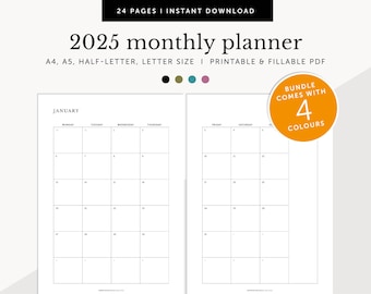 Planejador mensal de 2025 em duas páginas, calendário mensal de 2025, preenchível e imprimível, inserções de diário mensal de 2025, tamanho A4/A5/carta/meio