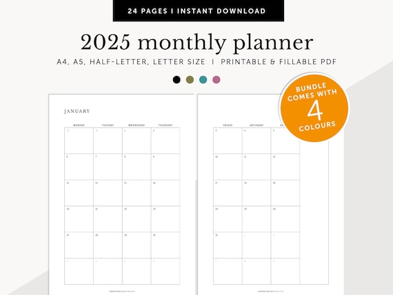 2025 Monthly Planner on Two Pages, 2025 Monthly Calendar, Fillable & Printable, 2025 Monthly Diary Inserts, A4/A5/Letter/Half Size