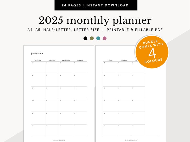K&ouml;nnte beinhalten: Ein druckbarer Monatskalender f&uuml;r 2025, der den Januar zeigt. Der Kalender ist in Schwarzwei&szlig; gehalten und hat ein schlichtes Design. Der Text "JANUARY" steht oben auf der Seite. Der Kalender ist in vier Farben erh&auml;ltlich.