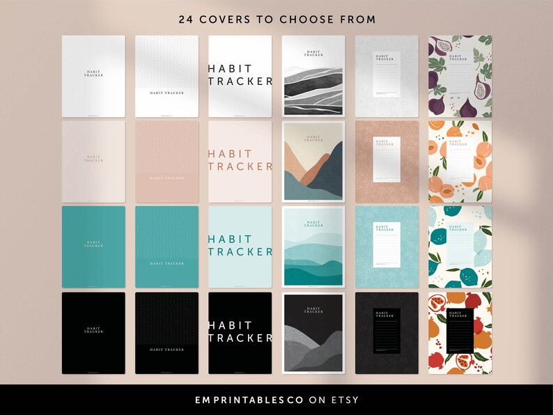 May include: 24 printable covers for a habit tracker. The covers feature a variety of designs, including abstract patterns, mountains, and fruit illustrations. The text "HABIT TRACKER" is featured on each cover.