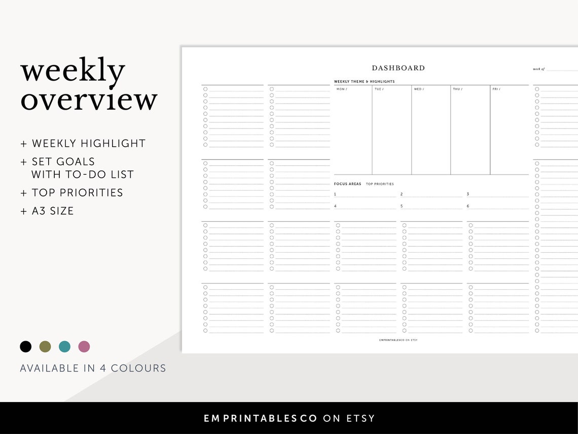 Project Overview in A3 Size, Weekly Dashboard Overview, Project Planner ...