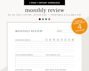Monthly Review, Monthly Reflection, Monthly Assessment, Monthly Journal, Monthly Progress Log, Fillable & Printable, A4/A5/Letter/Half Size