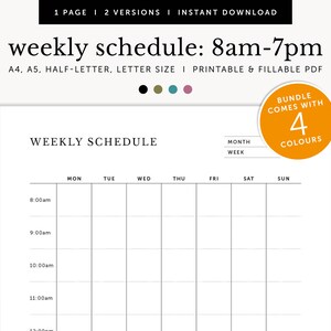 Uurlijkse weekplanner, 8.00 - 19.00 uur, weekschema met halfuurrichtlijnen, invulbare en afdrukbare planner, A4/A5/Letter/Half Letter