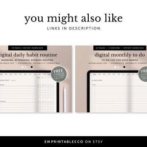 May include: Digital habit routine and to-do list templates for digital planners. The templates include a daily habit routine and a monthly to-do list. The templates are compatible with GoodNotes and Notability. The image includes the text "you might also like" and "links in description."
