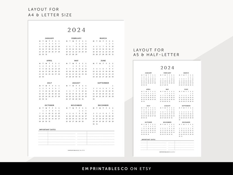 Calendario 2024 con notas, Calendario de pared 2024, Fechas importantes