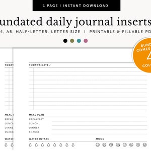 Undated Daily Journal Inserts - 2 days on 1 page, Daily Diary, Daily To do List, Fillable & Printable, Planner Set, A4/A5/Letter/Half Size