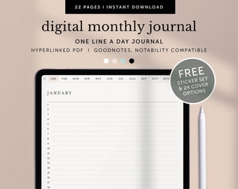 Digital Monthly Journal, One Line a Day, 5 Minutes Journal, Goodnotes Daily Journal, Notability Daily Diary, Ipad, Hyperlinked PDF
