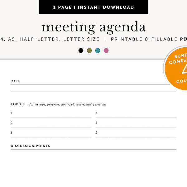 Meeting Agenda Template, Meeting Notes, Project Notes, Meeting Minutes, Fillable & Printable Planner Inserts, A4/A5/Letter/Half Size