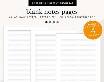 Notes Template, Notes Pages, Lined Pages, School Notes, Meeting Notes, Work Notes, Fillable & Printable Planner, A4/A5/Letter/Half Size