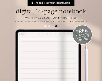 Pode incluir: Um caderno digital com 14 páginas para listar as 3 principais prioridades. O caderno é exibido na tela de um tablet com fundo branco e linhas cinzas. O texto "FREE STICKER SET & 24 COVER OPTIONS" é exibido em um círculo cinza no lado direito da imagem. Uma caneta branca está no lado direito da imagem.