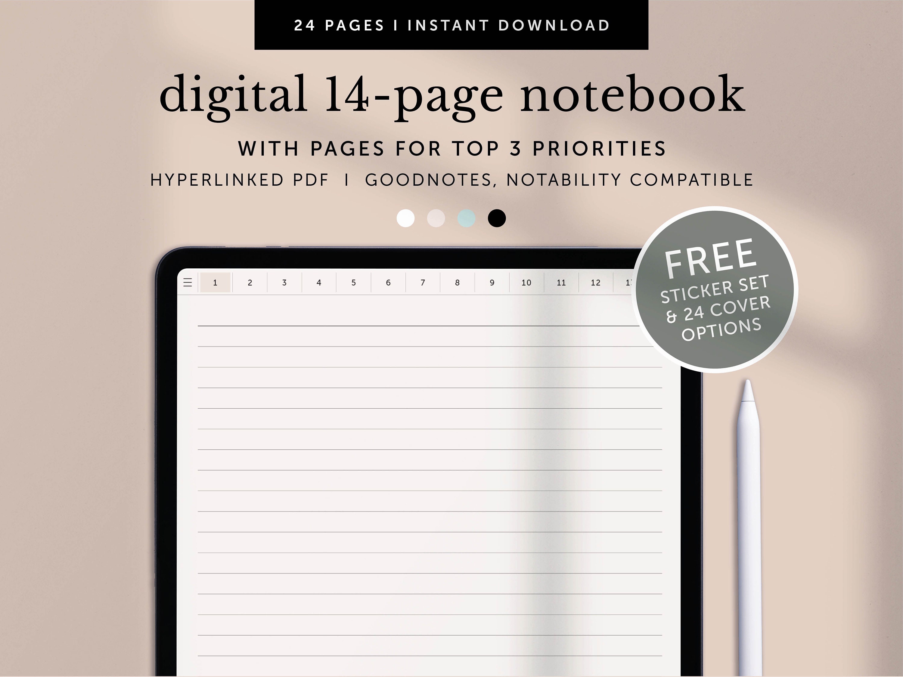 14-stronicowy cyfrowy notatnik, strony do robienia notatek, szablon notatek, planer Goodnotes, planer notatek, planer iPad, hiperłącze PDF