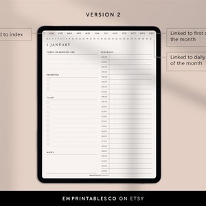 May include: A digital planner template for January with a daily schedule, to-do list, and space for notes. The template is linked to an index, the first day of the month, and a daily planner.