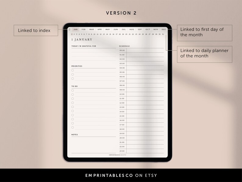 May include: A digital planner template for January with a daily schedule, to-do list, and space for notes. The template is linked to an index, the first day of the month, and a daily planner.