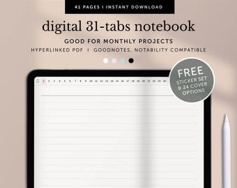 31-page Digital Notebook, 31-tabs Note-taking Pages, 31-tabs Notes Template, Monthly Notebook, Goodnotes Planner, iPad, Hyperlinked PDF