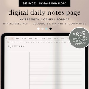 May include: A digital daily notes page with a calendar header and Cornell note-taking format. The page is displayed on a tablet screen with a white stylus nearby. The text "FREE STICKER SET & 24 COVER OPTIONS" is displayed in a circle on the right side of the image.