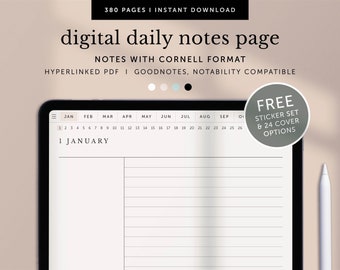 May include: A digital daily notes page with a calendar header and Cornell note-taking format. The page is displayed on a tablet screen with a white stylus nearby. The text "FREE STICKER SET & 24 COVER OPTIONS" is displayed in a circle on the right side of the image.
