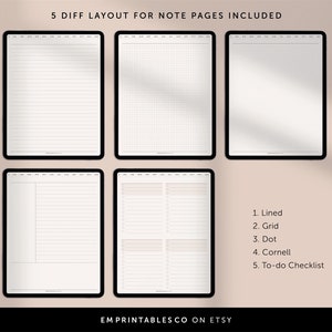 May include: Five different note page layouts for digital planners. The layouts include lined, grid, dot grid, Cornell note-taking, and to-do checklist.