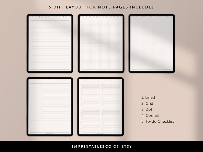 May include: Five different note page layouts for digital planners. The layouts include lined, grid, dot grid, Cornell note-taking, and to-do checklist.