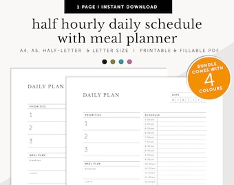 Half Hourly Daily Schedule with Meal Planner, Daily Planner, Daily To Do List, Hourly Planner, Fillable & Printable, A4/A5/Letter/Half Size