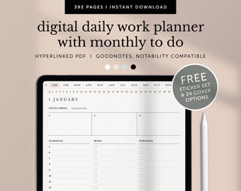 Digital Daily Work From Home  Planner, Simple Work Daily Monthly Planner, Office Planning, Work Schedule, Goodnotes, iPad, Hyperlinked PDF