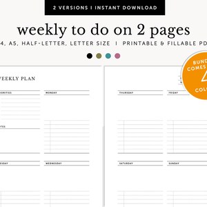 Weekly Notes and To do List, Weekly Goal Action, Weekly Planner on 2 pages, Fillable & Printable, Planner Inserts, A4/A5/Letter/Half Size