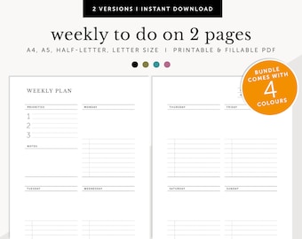 Weekly Notes and To do List, Weekly Goal Action, Weekly Planner on 2 pages, Fillable & Printable, Planner Inserts, A4/A5/Letter/Half Size