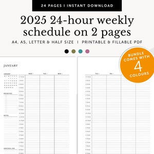 Calendario semanal de 24 horas para 2025, rastreador de reuniones de 2 páginas, prioridades semanales, rellenable e imprimible, planificador semanal, tamaño A4/A5/carta/medio