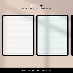 May include: Four digital planner templates displayed on tablet screens. The templates are lined and feature a white, light blue, gray, and black background. The text "AVAILABLE IN 4 COLOURS" is displayed above the tablets. The text "EM PRINTABLES CO ON ETSY" is displayed below the tablets.