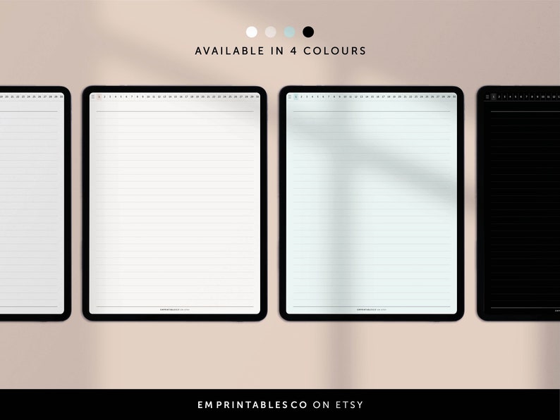 May include: Four digital planner templates displayed on tablet screens. The templates are lined and feature a white, light blue, gray, and black background. The text "AVAILABLE IN 4 COLOURS" is displayed above the tablets. The text "EM PRINTABLES CO ON ETSY" is displayed below the tablets.
