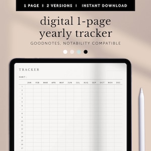 Könnte beinhalten: Eine digitale Jahres-Tracker-Vorlage für die Apps Goodnotes und Notability. Die Vorlage enthält einen Habit-Tracker mit 17 Zeilen und 12 Spalten für jeden Monat des Jahres. Die Vorlage wird auf einem Tablet-Bildschirm mit einem weißen Stift angezeigt.