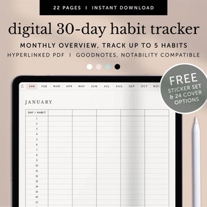 May include: A digital 30-day habit tracker on a tablet screen. The tracker is designed for use with Goodnotes and Notability apps. The tracker includes a monthly overview and allows you to track up to 5 habits. A free sticker set and 24 cover options are included.