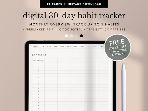Digital 30-day Tracker, Monthly Habit Tracker Overview, 5 Habit Goal Tracker, Goodnotes Planner, Notability Planner, Ipad, Hyperlinked PDF