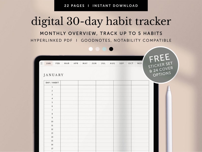May include: A digital 30-day habit tracker on a tablet screen. The tracker is designed for use with Goodnotes and Notability apps. The tracker includes a monthly overview and allows you to track up to 5 habits. A free sticker set and 24 cover options are included.