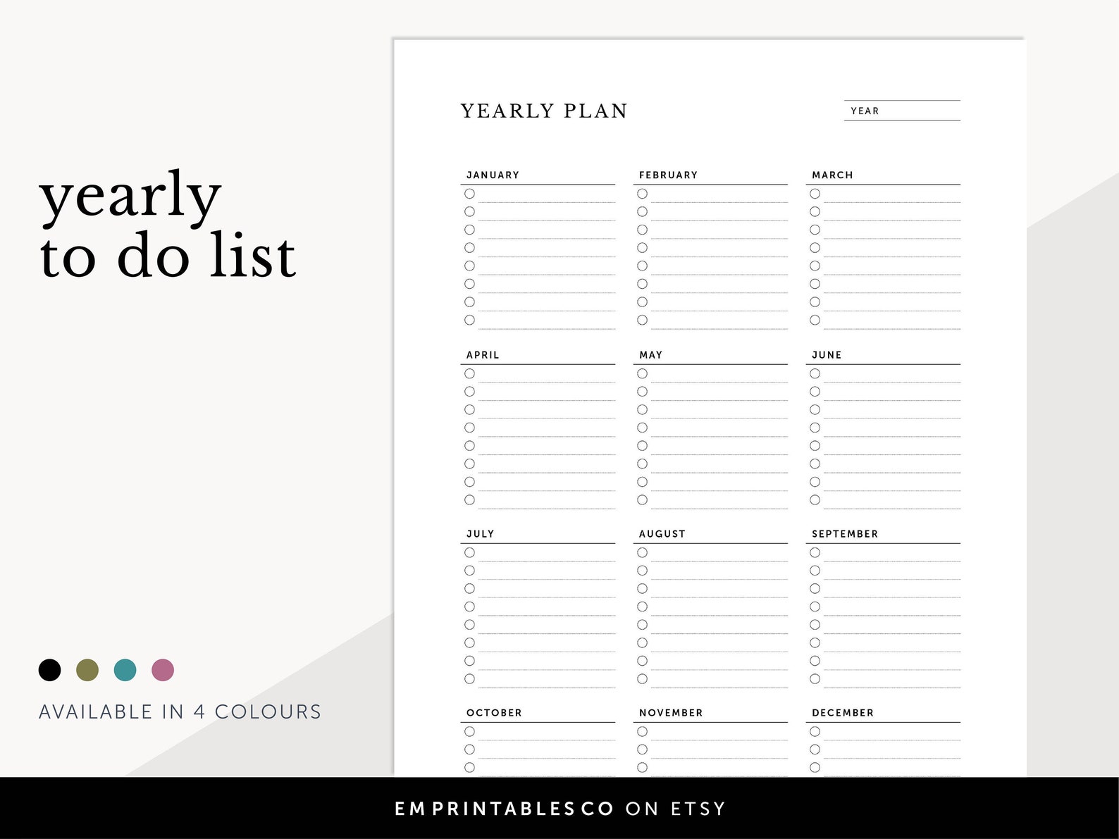 Yearly to Do List, Yearly Checklist, Yearly Tasks, Yearly Goals, Yearly