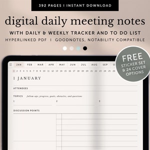Modello di appunti digitali per riunioni giornaliere, tracker settimanale giornaliero, pianificatore di lavoro, pianificatore Goodnotes, pianificatore di notabilità, iPad, PDF con collegamento ipertestuale