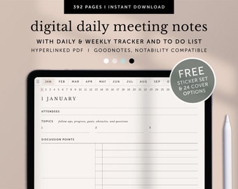 Digital Daily Meeting Notes Template, Daily Weekly Tracker, Work Planner, Goodnotes Planner, Notability Planner, iPad, Hyperlinked PDF