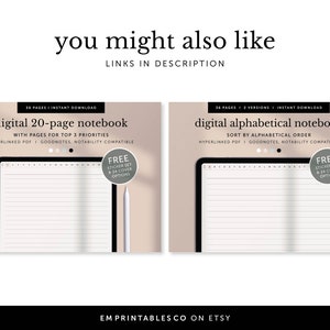 May include: Two digital notebook covers with a light brown background. The left cover is for a 20-page notebook with pages for top 3 priorities. The right cover is for an alphabetical notebook. Both covers have a white tablet with a blank page and a white stylus. Both covers have a free sticker set and cover options.