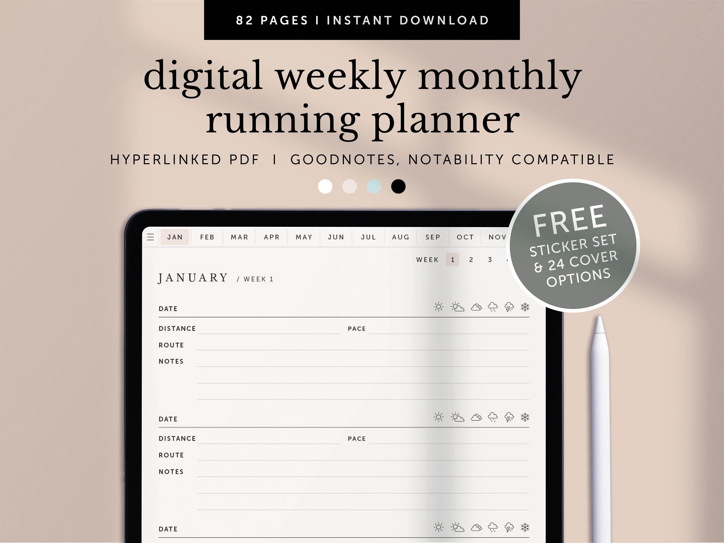 Digital Weekly Monthly Running Journal, Digital Weekly Fitness Planner, Monthly Workout Planner, Goodnotes, Notability, Hyperlinked PDF