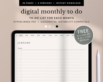 Digital Monthly To Do, Digital Monthly Checklist, Monthly Bill Tracker, Goodnotes Planner, Notability Planner, Ipad Planner, Hyperlinked PDF