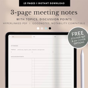 Modello di appunti di riunione digitale, Verbali di riunione, Pianificatore di lavoro digitale, Pianificatore Goodnotes, Pianificatore di notabilità, Pianificatore per iPad, PDF con collegamento ipertestuale