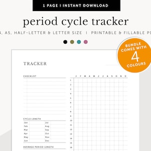 May include: A printable period cycle tracker with the text "period cycle tracker". The design includes a checklist, cycle length, and average period length sections. The bundle comes with 4 colors and is available in A4, A5, half-letter, and letter sizes.