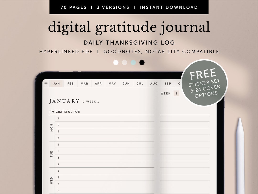 Digital Weekly Gratitude Journal, Daily Thanksgiving Log, Counting ...