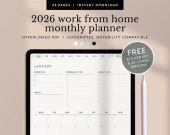 2026 Digital Work From Home Monthly Planner, Goals & To do Checklist, Goodnotes Planner, iPad, Hyperlinked PDF